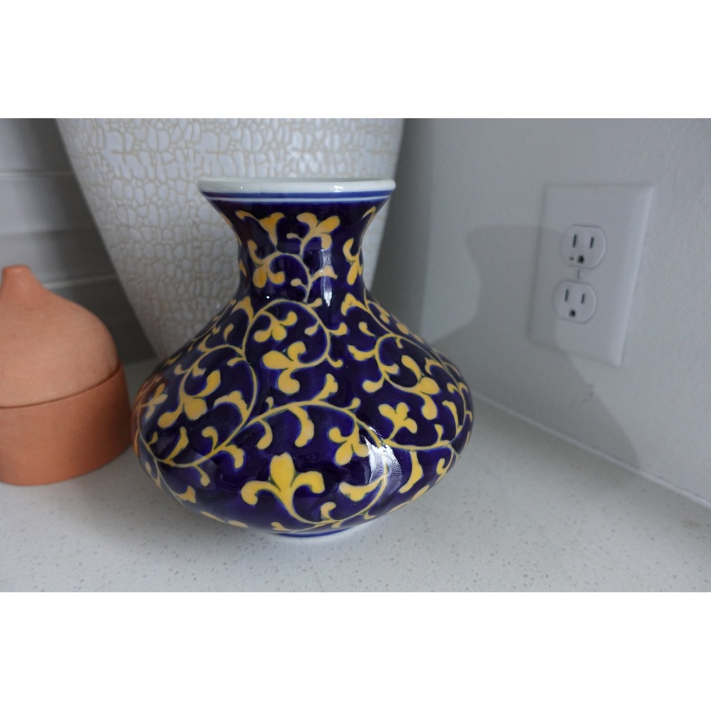 Large Cobalt ceramic‎ blue vase with yellow details 8 inches tall